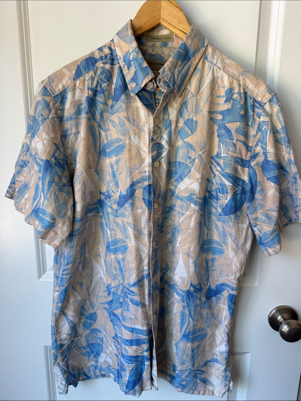 Casual Blue & Beige Short-Sleeve Linen Button-Up Shirt